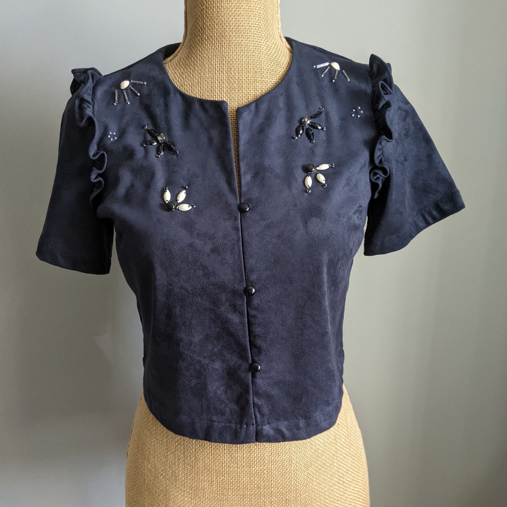Navy blue suede beaded bolero top